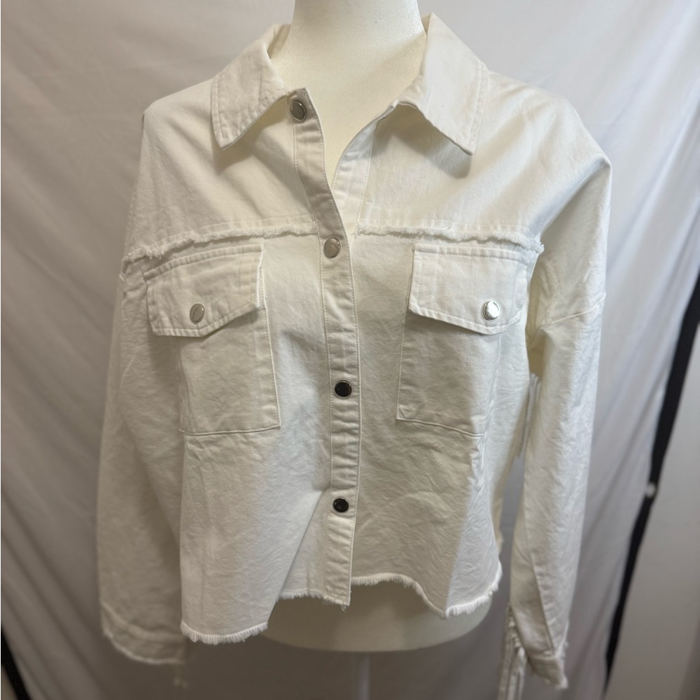 White Button-Up Fringe Denim Jacket